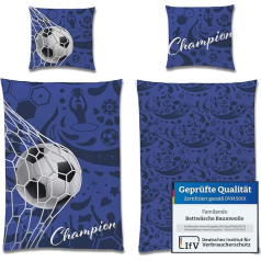 Familando Football Bed Linen Set, 135 x 200 cm, 80 x 80 cm, 100% Cotton with Zip, Oeko-Tex Bed Linen, Blue with Ball in Goal, Soft Children's Bed Linen, Machine Washable