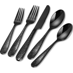 HONKKU Cutlery Set for 12 People, Black, 60-Piece Hammered Cutlery Set, Premium Stainless Steel Cutlery Set with Knives, Forks, Spoons for Families/Party/Restaurant, Highly Polished, Dishwasher Safe