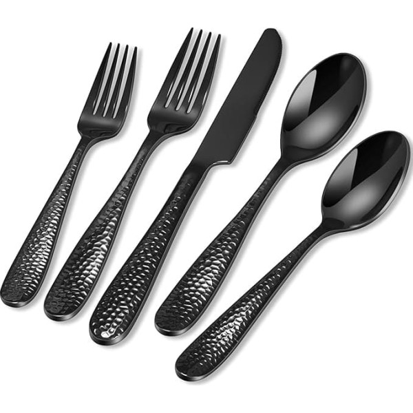 HONKKU Cutlery Set for 12 People, Black, 60-Piece Hammered Cutlery Set, Premium Stainless Steel Cutlery Set with Knives, Forks, Spoons for Families/Party/Restaurant, Highly Polished, Dishwasher Safe