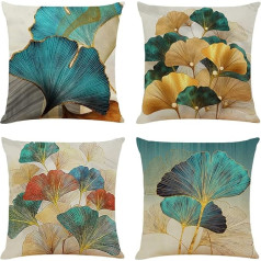 Sweetwill Set of 4 Cushion Covers, 45 x 45 cm, Linen Jungle Decorative Cushion Cover, Gold Petrol Decorative Cushion, Country House Style, Natural Cushion Cover, Sofa Cushion, Modern Cushion Covers,