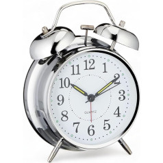 MIJOMA Elegant Retro Bell Alarm Clock, Analogue Quartz Alarm Clock Made of Metal/Plastic, with LED Night Light and Double Chime Function, Ideal as a Table Clock, Battery Operated (Chrome Colour - Dial
