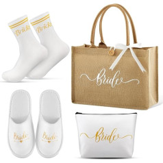 Hestya Pack of 4 Hen Party Accessories Women Jute Tote Bag Bride To Be Socks Bride Slippers Bridal Accessories for Bachelor Party Women Wedding Gift Bridal Shower