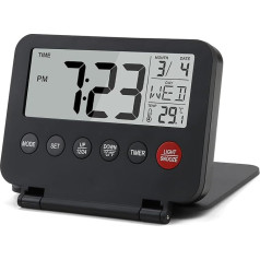 MSMXCS Digital Travel Alarm Clock, Mini Clock, Portable LCD Display, Clock with Backlight, Calendar, Temperature, 12/24 Hour, Snooze, 2 AAA Batteries, Small, Digital for Travel