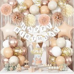 Beige Braun Geburtstagsdekorationen für Frauen, Gold Neutral Creme Sand Weiß Party Ballon Kit mit Boho Happy Birthday Banner Fransen Vorhang Hintergrund Pom Pom Cake Topper für Junge Mädchen Männer