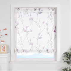 ESLIR Roman Blind No Drilling Required Country House Curtains Kitchen Transparent Roman Curtains with Eyelets White Living Room Ribbon Roller Blind with Leaf Design Purple W x H 120 x 140 cm 1 Piece