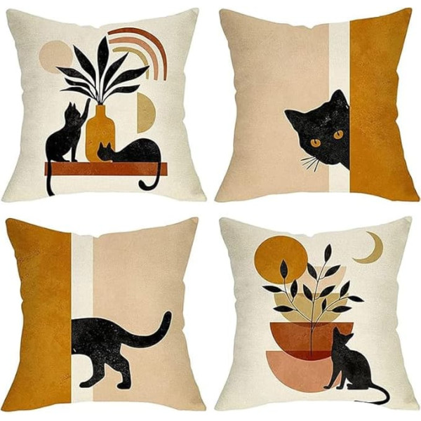 Set of 4 Cat Cushion Covers - Cat Pillow for Cat Lovers, Soft Boho Style Covers, 45cm x 45cm, Cat Cushion, Decorative Kawaii Cushion Cover, Cat Cushion for Girls, Cat Cushion