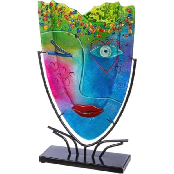 GILDE GLAS art Large Decorative Vase Face Vase - Hand-Painted Glass Vase with Metal Stand - Decoration Living Room Height 49 cm Multi-Coloured