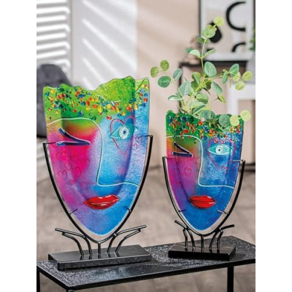 GILDE GLAS art Large Decorative Vase Face Vase - Hand-Painted Glass Vase with Metal Stand - Decoration Living Room Height 49 cm Multi-Coloured