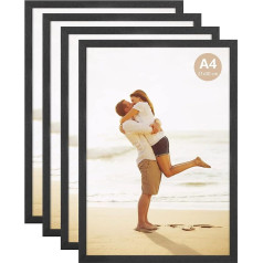 A4 Matt Black Photo Frame, A4 Size Wooden Photo Frame, Solid Wood Picture Frame with Real Glass, Set of 4, 21 x 30 cm