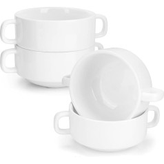 Aramanara Soup Bowls with Handles, Ceramic French Onion Soup Bowls, White Serving Bowls for Dessert, Baking, Pudding, Cereal, Snack, Fruit, 250ml, Pack of 4