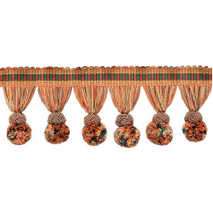 7.5cm Long Marrakech Collection Pompom Tassel Fringe Trim with Fancy Woven Gimp Head (Style#PPFRW-RN) Sedona Orange #VL02 (Red Orange, Light Orange, Forest Green) 11m (12 Yards)