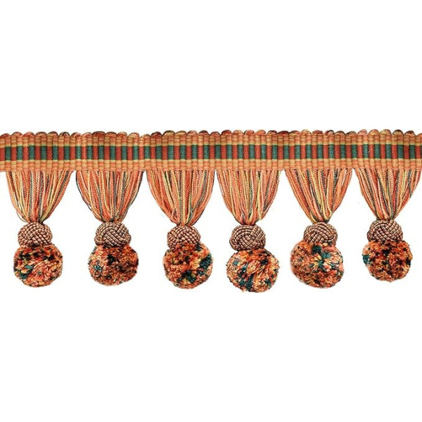 7.5cm Long Marrakech Collection Pompom Tassel Fringe Trim with Fancy Woven Gimp Head (Style#PPFRW-RN) Sedona Orange #VL02 (Red Orange, Light Orange, Forest Green) 11m (12 Yards)