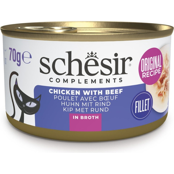 Agras Pet Foods Schesir pieaugušo vistas un liellopa gaļas sula ar rīsiem 70g