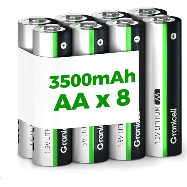 Granicell Pack of 8 Lithium AA Batteries, 3000 mAh Double A Battery, 1.5 V Lithium AA Battery, Lithium Iron AA Batteries with Longer Life for Torch, Toy