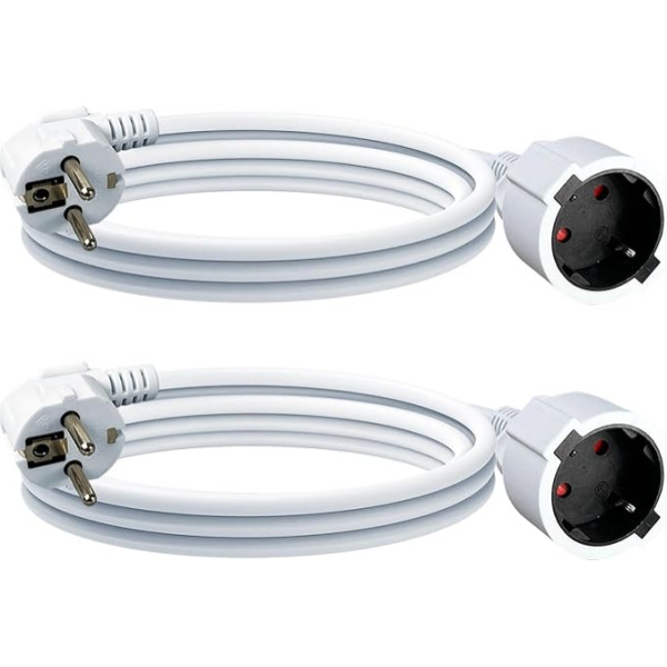 EnergyPro 2 Pack IP44 Extension Cable 3 Metres - PVC Stom Cable for Indoor Use - Against Overheating Socket H05VV-F 3G1.5 mm² - 16A 250V - White