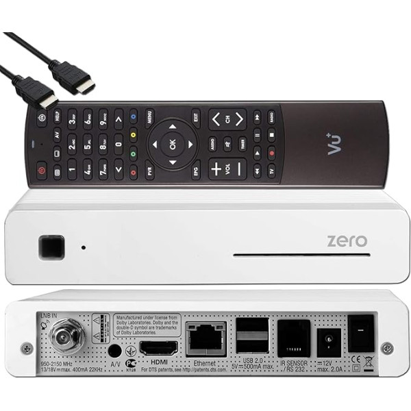 VU+ Zero HW Version 2-1x DVB-S2 Full HD Sat Tuner E2 Linux Receiver, YouTube, Satellite Receiver with Recording Function, Card Reader, Media Player, USB, + EasyMouse HDMI Cable, White