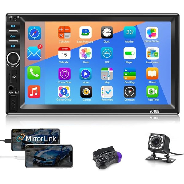 NHOPEEW 7 Inch EQ Car Radio Double DIN with Mirror Link, Multimedia MP5 Player Bluetooth Hands-Free Kit AUX USB SWC FM Receiver + Reversing Camera