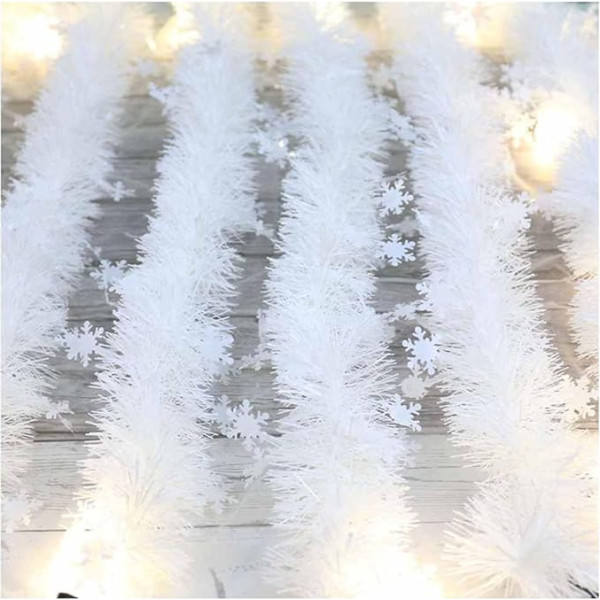 SHTGOI Tinsel Garland, White Christmas Garland with Snowflakes Pendant, 2 m x 8.5 cm, Thickened Artificial Decorative Garland, Christmas Wreath, Winter Garland for Doors, Fireplaces, Stairs, Wall,