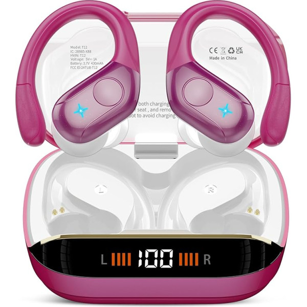 Qecnato Bluetooth Headphones Sport, 75H, In-Ear Headphones Wireless Bluetooth 5.4, HiFi Stereo, Earphones with 4 HD ENC Mic, LED Display, IP7 Waterproof Wireless Headset with Ear Hooks, Rose Red