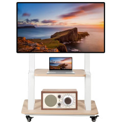 Mobile TV Stand Rolling TV Cart for 32-75 Inch TV Stand Rollable with Wheels Flat/Curved LED/LCD/OLED Height Adjustable Heavy-Duty Portable Floor Stand with Wooden Shelf Holds up to 100 lbs White