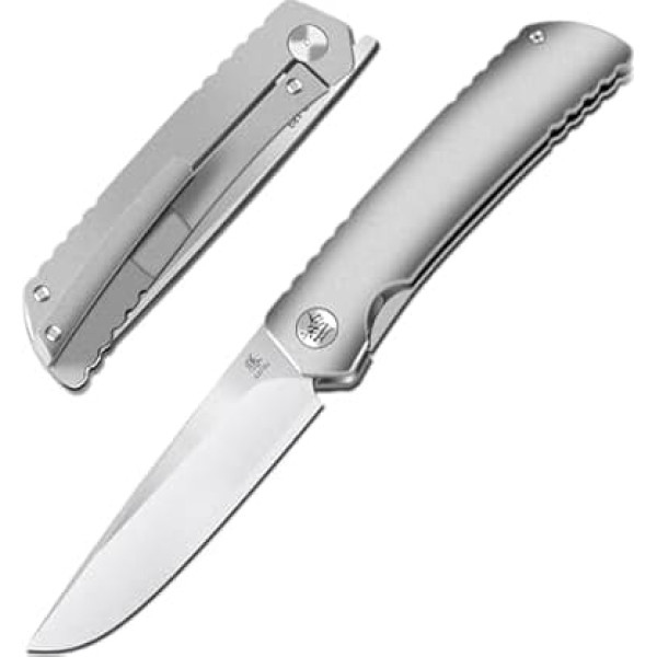 KATSU ZDP-189 Folding Knife, Pocket Knife with Pocket Clip & Sandblasting Handle Made of Titanium, Sharp One-Handed Knife, Portable Outdoor Knife with Frame Lock for Daily Use - Grey