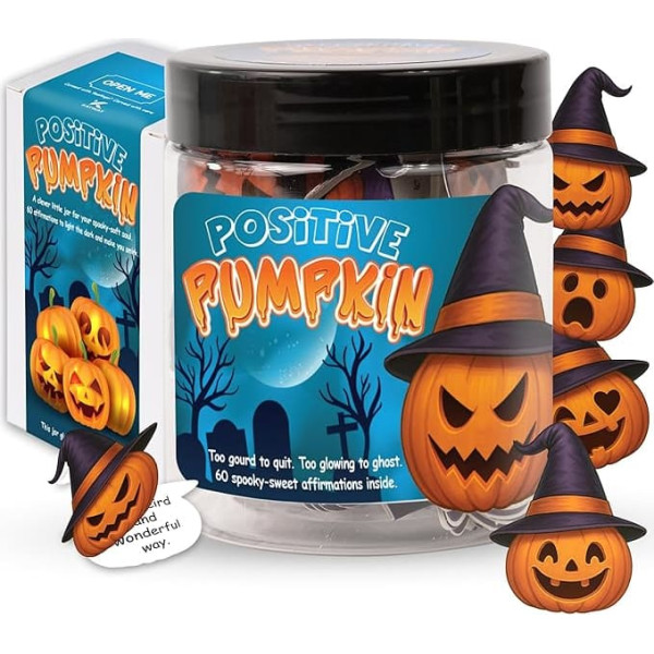 Positives Kürbisglas, Affirmationsglas – Halloween-Geschenke für Kinder, Teenager, Frauen – 60 niedliche Kürbiskarten für emotionale Unterstützung, Halloween-Dekoration, Süßigkeiten- oder