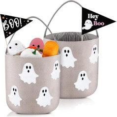 Locmeo Süßigkeitenkorb für Halloween, Süßigkeiten- oder Leckereienbeutel, süßer Goodie-Süßigkeitenkorb mit 2 Boo-Wimpelflaggen, Süßigkeiten-Geschenkeimer für Partyzubehör, Beige, 2 Stück