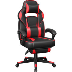 SONGMICS OBG73BRV1 Gaming Chair, Desk Chair with Footrest, Office Chair with Headrest and Lumbar Cushion, Height-Adjustable, Ergonomic, 90–135° Tilt Angle, Maximum Load 150 kg, Black/Red