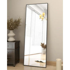 Koonmi 163 x 53 cm Standing Mirror, Sturdy Full Length Mirror with Minimalist Slim Aluminium Frame, Modern Large Wall Mirror Standing or Hanging for Living Room and Bedroom, Black