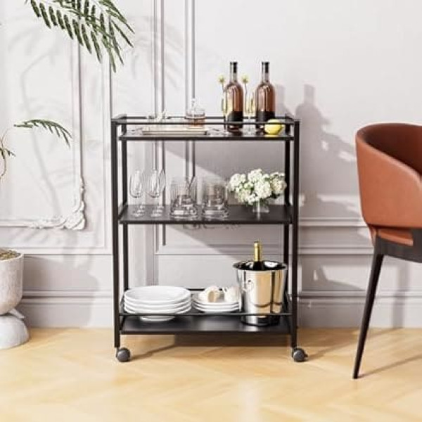 HITNET Serving Trolley, Black, Rolling Trolley, Bar Trolley with Wheels, 3 Levels, Drinks Trolley for Kitchen, Dining Room, Living Room