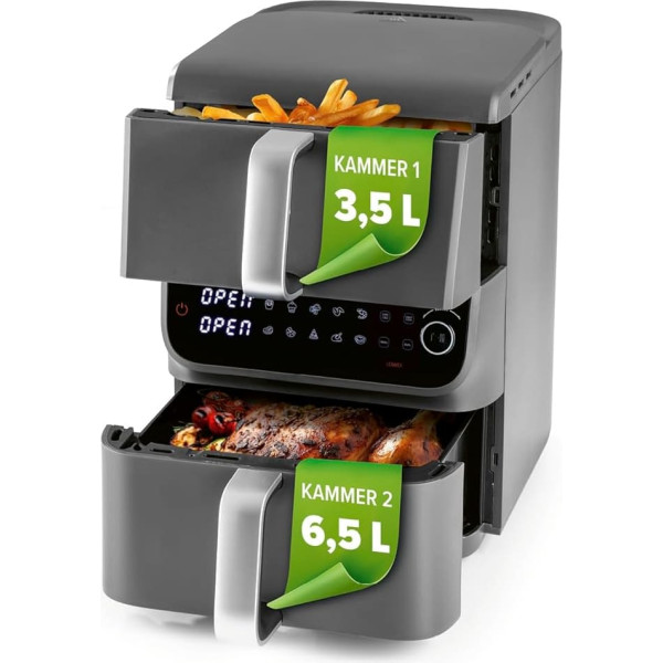 GOURMETmaxx FryUp Double Chamber Hot Air Fryer MultiSize - 10 L Vertical Airfryer with 2 Chamber Sizes: Less Cooking Space Waste 10 Programmes & LED Touch Display Hot Air Fryer 2 Chambers