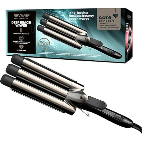 REVAMP Deep Beach Ceramic Waver, Professional Wave Iron, Wave Iron for Hair, Triple Curling Iron for Beachwaves, Mermaid Hair Waver, Beach Waves Curling Iron for Short, Medium & Long Hair