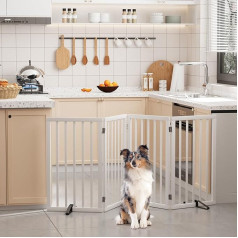 Extra Tall Freestanding Dog Gate Indoor 4 Panels Bamboo Wood Pet Door Gate with 2 Metal Stands and 360° Hinge Folding Pet Barrier for Stairs
