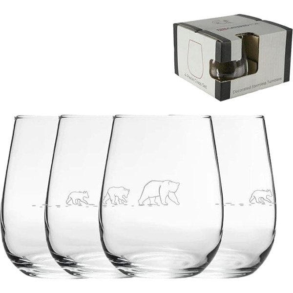 Engraved Bear Pattern Stemless Wine Glasses, Set of 4 360ml Gaia Glasses, Laser Engraved in the UK, Gift for Her, Gift for Mum, Grandma, Mother's Day, Birthday