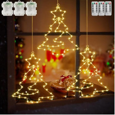 Therlan Christmas Decoration Window Illuminated, Pack of 3 55 LEDs Window Stickers Tree Battery Operated with Timer and Remote Control 8 Light Modes, LED Window Decoration Christmas Illuminated Warm