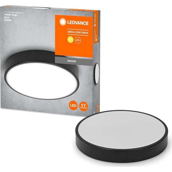 Ledvance Orbis Slim Moia LED Ceiling Light, Black, 20 W, 2200 lm, 280 mm Diameter, Very Homogeneous Light Distribution, Long Service Life, Easy Assembly, Modern Design, 3000 K