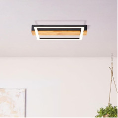 LED ceiling light in nature style, ceiling light with wooden accents, light colour: 3000 K and brightness: 2700 lm, 35 cm length x 30 cm width, made of Monterey pine/metal/plastic