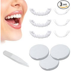 Dentures, Veneers Teeth Set Top and Bottom, 3 Pairs of False Artificial Temporary Teeth, Cosmetic Teeth, Prostheses Fake Teeth, Teeth for Attaching, Veneers Snap-on Teeth (White)