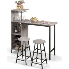 RELAX4LIFE Bar Table Set 3-Piece Dining Table with 2 Bar Stools, Counter Table with 3 Shelves & 2-Tier Wine Rack & Glass Holder, Bistro Table Set with Metal Frame, Dining Set for 2 People (Grey)