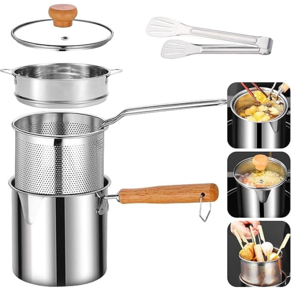 Deep Frying Pot, 3L Frying Pot with Strainer, Frying Basket, Pot Lid, Steamer, Food Clip, 304 Stainless Steel Oil Filter Pot, Higher Pot Edge, Frying Pot with Spout, Multifunctional Fryer