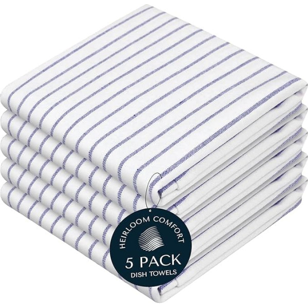 HEIRLOOM COMFORT Indigo Blue Stripe Küchentücher, 5 Stück, 100 % Baumwolle, super saugfähig und schnell trocknend, klassisches gestreiftes Handtuch-Set, langlebige Geschirrtücher für die Küche