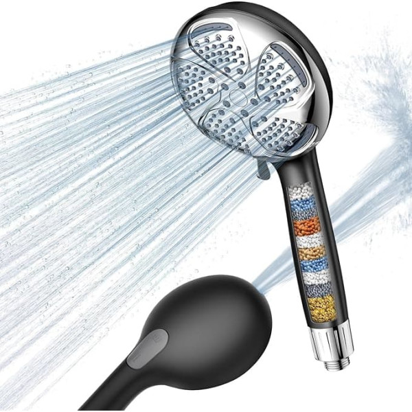 FEELSO Shower Head with Filter, 7 Jet Types, Water-Saving Shower Head with 1.5 m Hose, High Pressure Shower Head with 15 Layers, Shower Head for Residual Chlorine, Hard Water, Bacteria, Heavy Metal