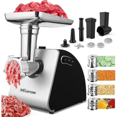 COOCHEER Electric Meat Mincer 5 in 1 Multi Food Processor Meat Chopper Sausage Machine Stainless Steel with 3 Perforated Discs, 4 Cone Blades, Sausage Filler and Pastry Attachment for Home