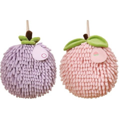 DONGKER Fuzzy Ball Towel, Pack of 2 Soft Chenille Hanging Coral Velvet Towel with Hanging Loop, Quick Drying for Bathroom, Vanity, Kitchen