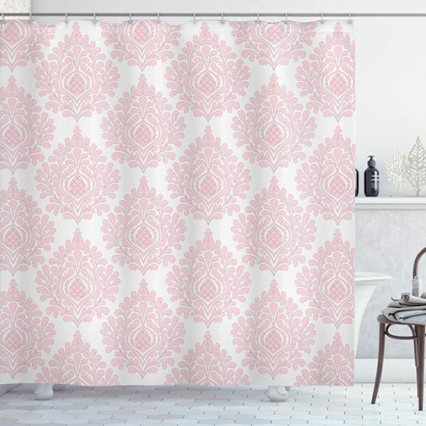ABAKUHAUS Damask Shower Curtain, Pink Victorian Pattern, Woven Fabric Bathroom Decoration Set with Hooks, 175 x 180 cm, Pink/White