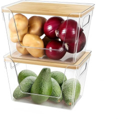 Stackable Storage Bins with Bamboo Top, Pantry Organizer and Storage, Garbage Bag Holder, Dispenser, Fridge Organizer for Fruits, Onions, Potatoes, Products, Vegetables, 2