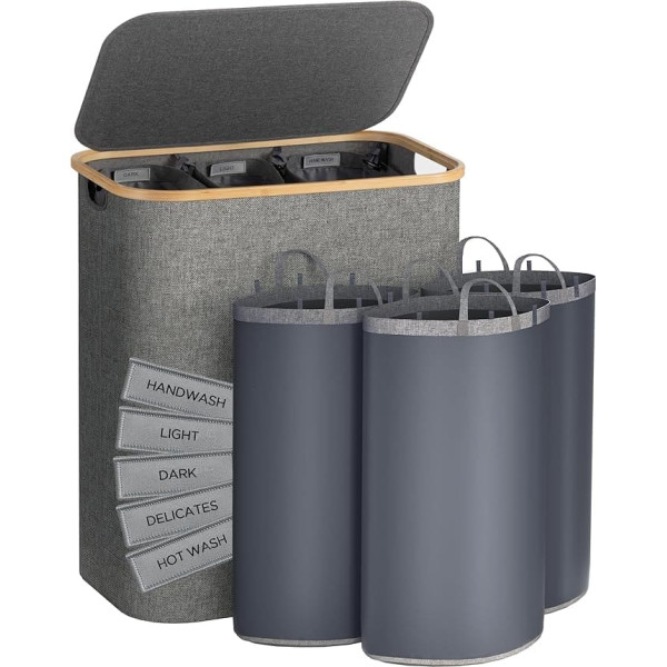 joycloth Laundry Hamper with Lid, 3 Compartments, Extra Large Laundry Baskets with Bamboo Handles and Removable Laundry Bags, Grey