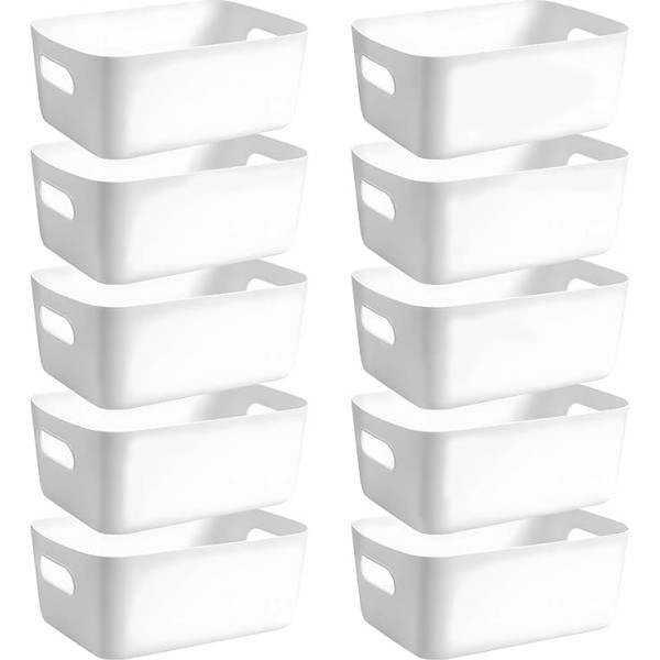 POWZOO Pack of 10 Storage Boxes, Size (24.5 x 17.5 x 10 cm), Plastic Storage Basket with Handles, Plastic Organiser Box, for Bathroom Shelf, Kitchen Cabinet Organiser, Cosmetics, Children's Room,