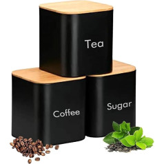 Tuzsocr 3 Piece Kitchen Tins Set, Coffee Tea Sugar Storage Jar with Airtight Wooden Lid, Storage Jars Set, Kitchen Organiser, Black (Black)