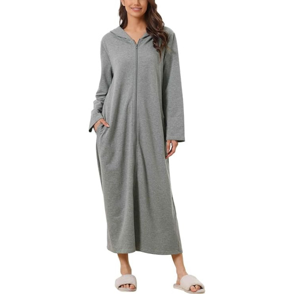 cheibear Women's Robe with Zip Front and Hood House Dress Nightdress House Coat Hoodie Long Loungewear Bathrobe, dark grey